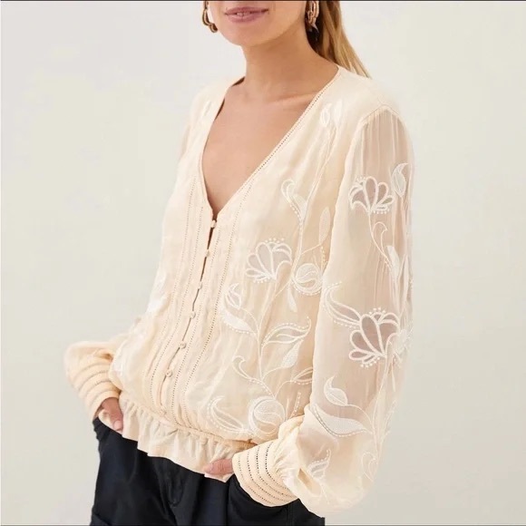 Anthropology Women Top Beige Embroidery Cropped Boho Peasants Cottage Core Sz S - Picture 2 of 5